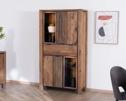 Argentier avec éclairage intérieur et étagères verre "Enoa" en palissandre et acacia
