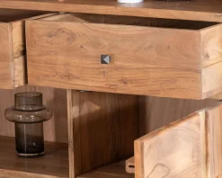Argentier design rétro en acacia et métal "Puzzle" façades motif empiècement