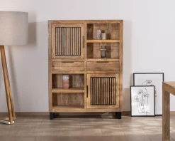 Argentier en manguier et pieds métal "Manoha" portes motif stries réversibles