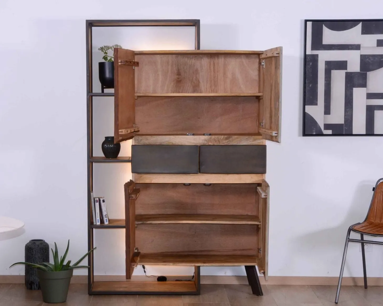 Armoire contemporaine avec LED "Mezzo" en bois métal et ciment