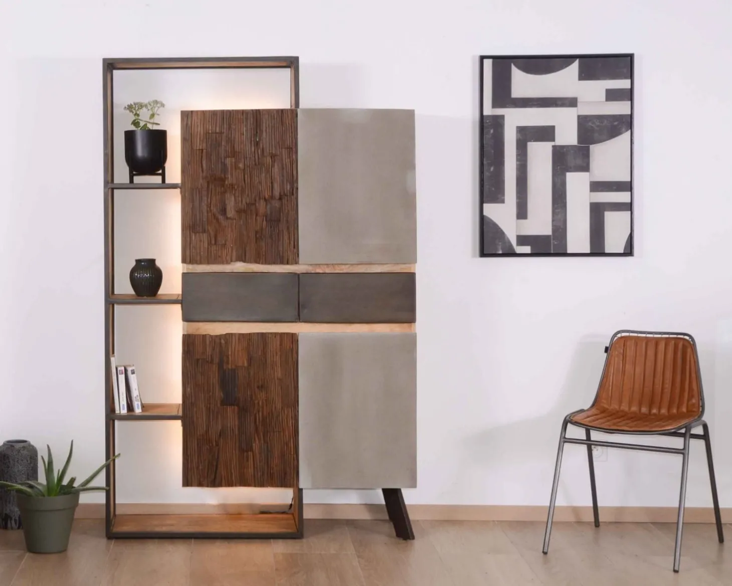 Armoire contemporaine avec LED "Mezzo" en bois métal et ciment