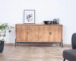 Bahut 4 portes en acacia et métal 160 cm "Novelli" esprit zen et épuré