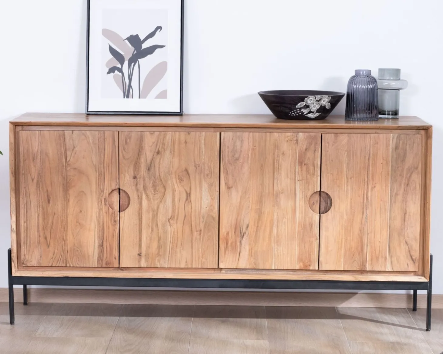 Bahut 4 portes en acacia et métal 160 cm "Novelli" esprit zen et épuré
