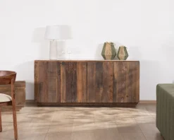 Bahut 4 portes en bois recyclé et plateau marbre blanc "Mood"