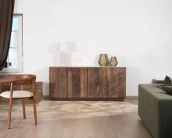 Bahut 4 portes en bois recyclé et plateau marbre blanc "Mood"
