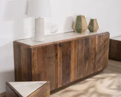 Bahut 4 portes en bois recyclé et plateau marbre blanc 
