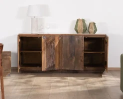 Bahut 4 portes en bois recyclé et plateau marbre blanc 