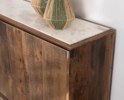 Bahut 4 portes en bois recyclé et plateau marbre blanc 