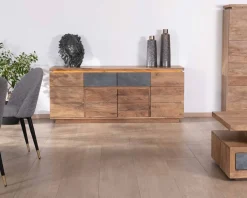Bahut contemporain 175cm en acacia avec bandeau LED et tiroirs placage pierre "Paguera"