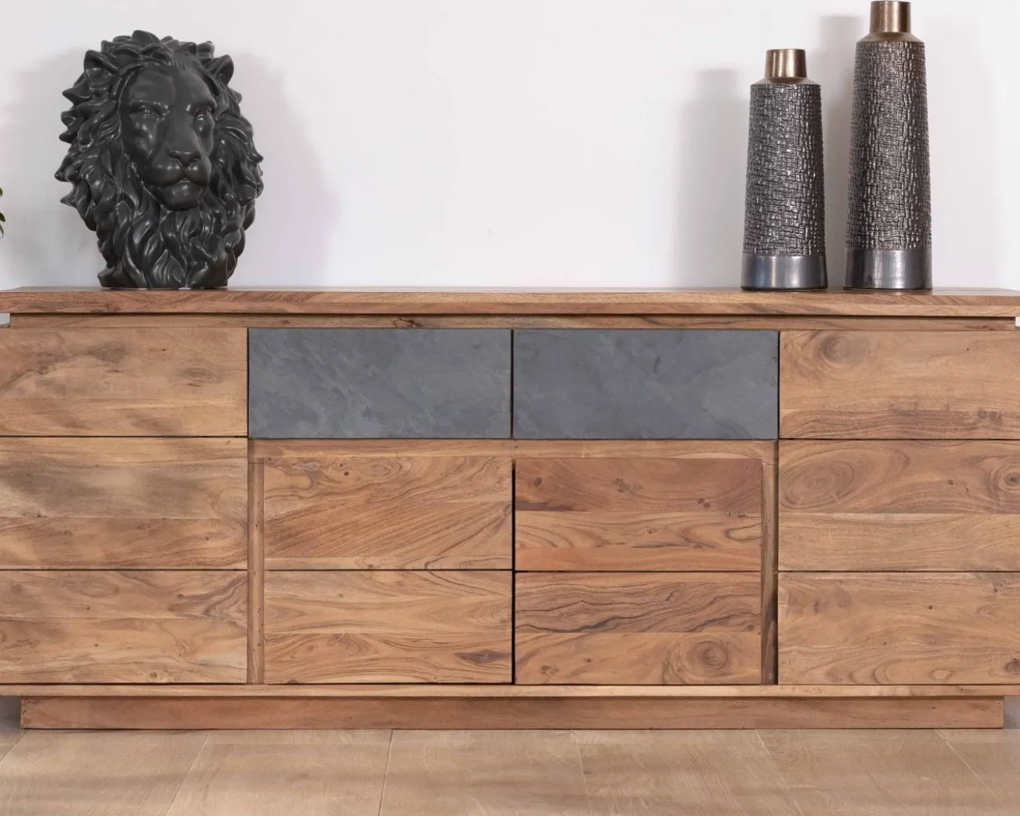 Bahut contemporain 175cm en acacia avec bandeau LED et tiroirs placage pierre "Paguera"