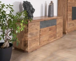 Bahut contemporain 175cm en acacia avec bandeau LED et tiroirs placage pierre