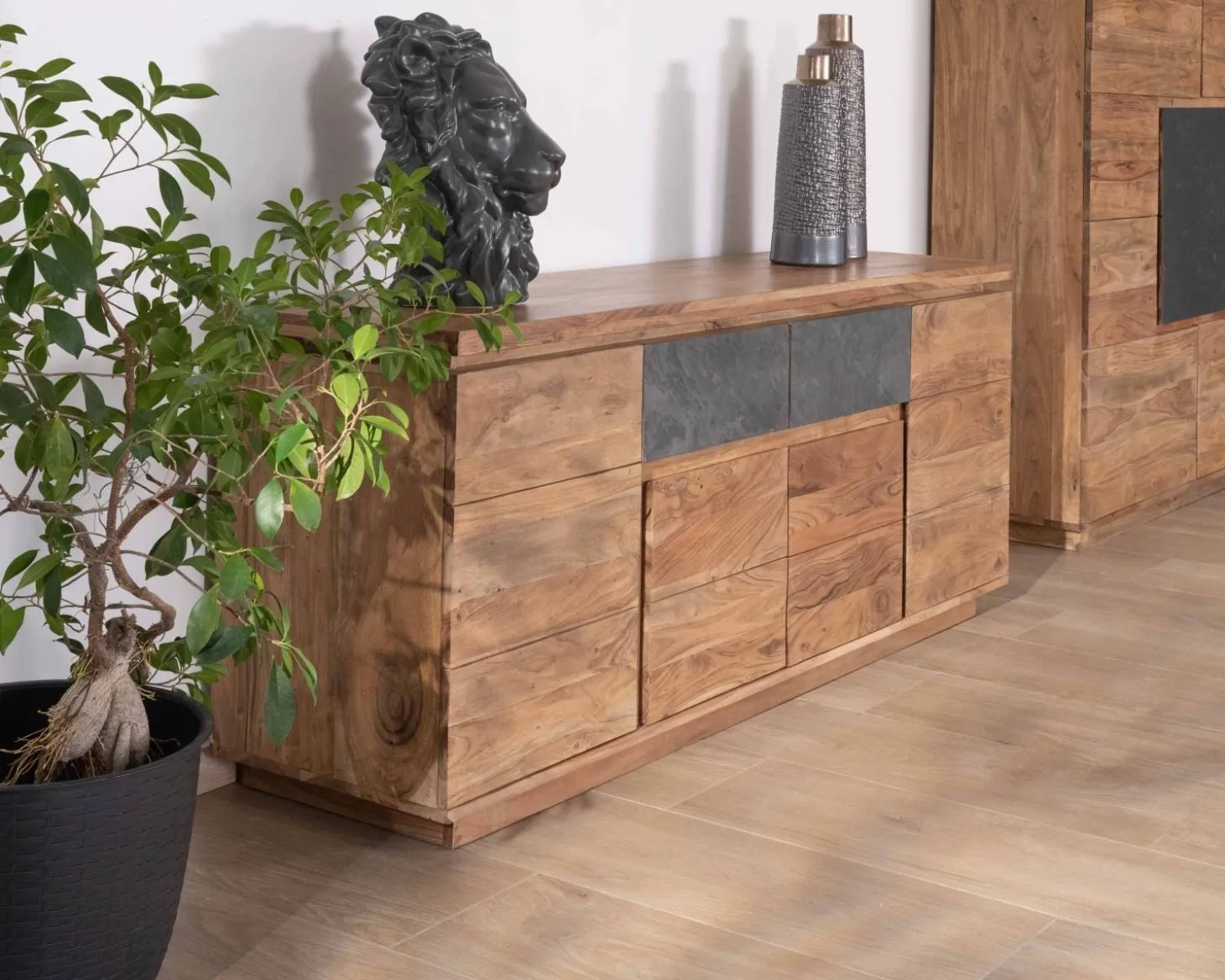Bahut contemporain 175cm en acacia avec bandeau LED et tiroirs placage pierre "Paguera"