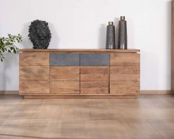 Bahut contemporain 175cm en acacia avec bandeau LED et tiroirs placage pierre