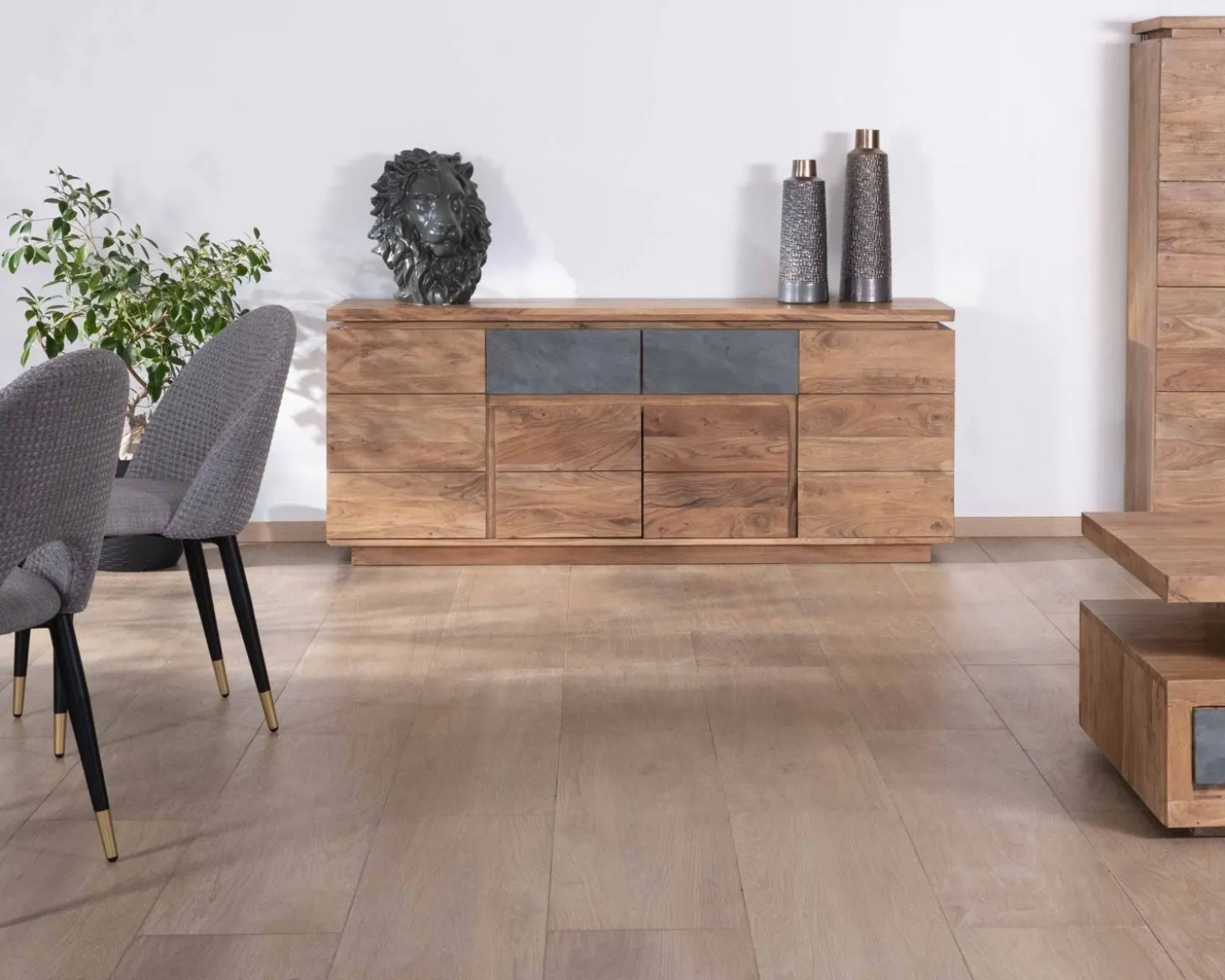 Bahut contemporain 175cm en acacia avec bandeau LED et tiroirs placage pierre "Paguera"
