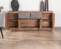 Bahut contemporain 175cm en acacia avec bandeau LED et tiroirs placage pierre