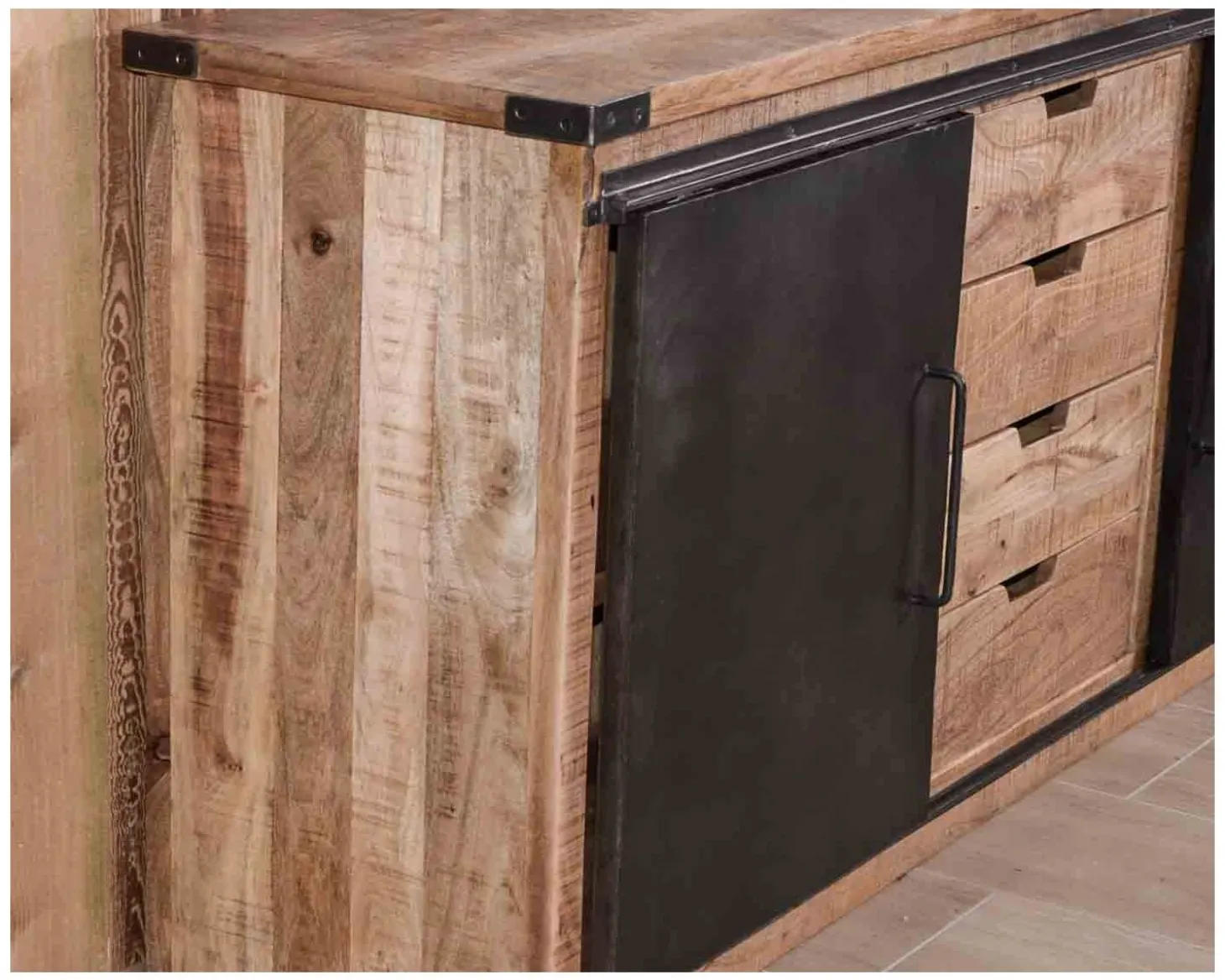 Bahut industriel portes coulissantes et tiroirs bois 180cm "Caractère"