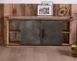 Bahut industriel portes coulissantes et tiroirs bois 180cm