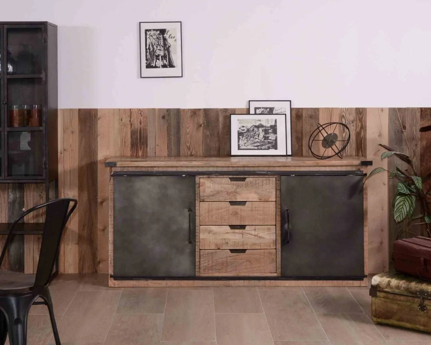 Bahut industriel portes coulissantes et tiroirs bois 180cm "Caractère"