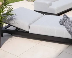 Bain de soleil confort tissu Sunbrella gris clair structure aluminium noire 