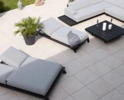 Bain de soleil double tissu Sunbrella gris clair structure aluminium noire 