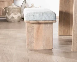 Banc élégant et confortable 120cm en manguier et assise rembourrée tissu gris chiné "Maestro"