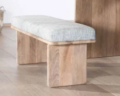 Banc élégant et confortable 120cm en manguier et assise rembourrée tissu gris chiné "Maestro"