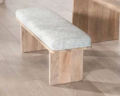 Banc élégant et confortable 120cm en manguier et assise rembourrée tissu gris chiné 