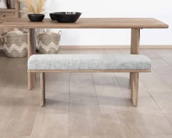Banc élégant et confortable 120cm en manguier et assise rembourrée tissu gris chiné 