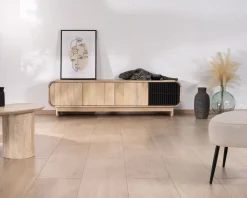 Banc TV 4 portes 180 cm en manguier avec porte déco noire "Jappy"