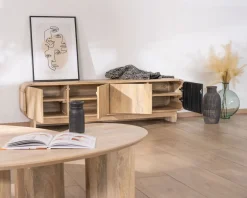 Banc TV 4 portes 180 cm en manguier avec porte déco noire "Jappy"