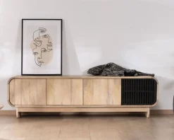 Banc TV 4 portes 180 cm en manguier avec porte déco noire 
