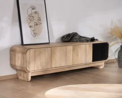 Banc TV 4 portes 180 cm en manguier avec porte déco noire 