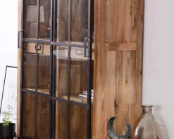 Bibliothèque style manufacture bois de manguier métal et verre "Haden"