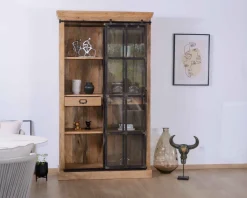 Bibliothèque style manufacture bois de manguier métal et verre 