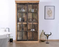 Bibliothèque style manufacture bois de manguier métal et verre 