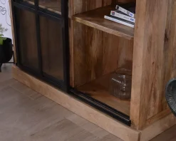 Bibliothèque style manufacture bois de manguier métal et verre 