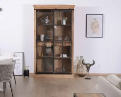 Bibliothèque style manufacture bois de manguier métal et verre 