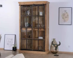 Bibliothèque style manufacture bois de manguier métal et verre 