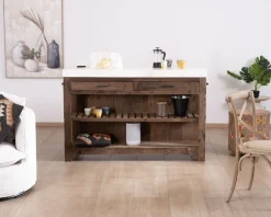 Billot de cuisine en teck recyclé et plateau marbre blanc "Grana"