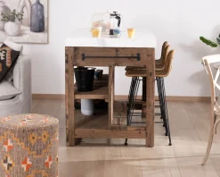 Billot de cuisine en teck recyclé et plateau marbre blanc "Grana"