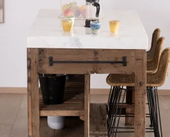 Billot de cuisine en teck recyclé et plateau marbre blanc 