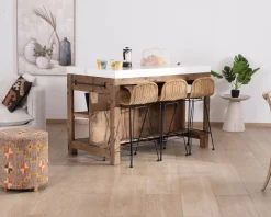 Billot de cuisine en teck recyclé et plateau marbre blanc 