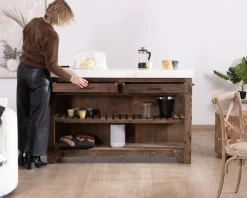 Billot de cuisine en teck recyclé et plateau marbre blanc 