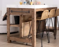 Billot de cuisine en teck recyclé et plateau marbre blanc 