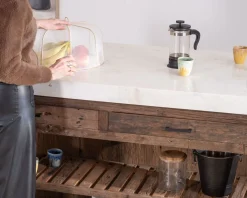 Billot de cuisine en teck recyclé et plateau marbre blanc 