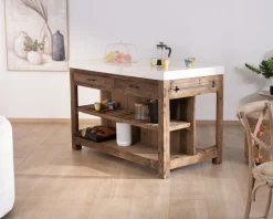 Billot de cuisine en teck recyclé et plateau marbre blanc 