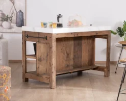 Billot de cuisine en teck recyclé et plateau marbre blanc 