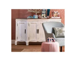 Buffet 4 portes blanc cassé vieilli plateau bois 
