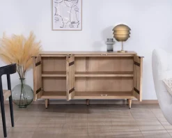 Buffet 3 portes en manguier massif façades cannelées "Lanora" Style Japandi contemporain