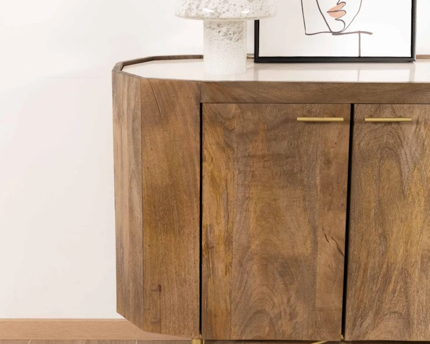 Buffet arrondi avec plateau en terrazzo blanc et pieds métal doré "Bruges"